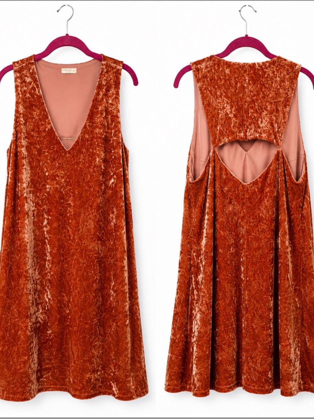 Crushed Velvet V-Neck Swing Dress in Rust